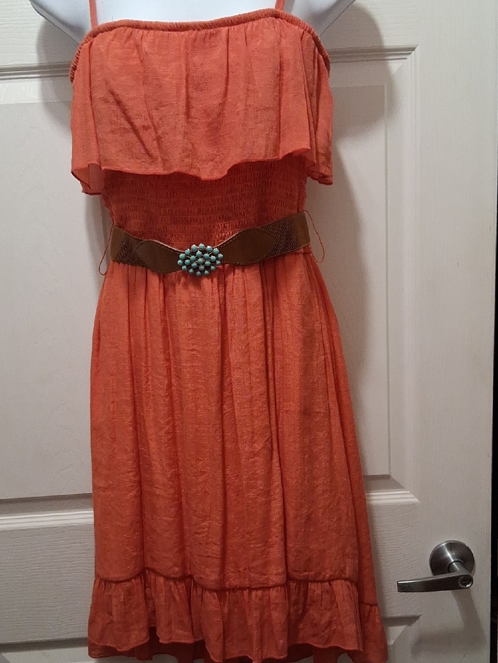 BYE & BYE Strapless High Low Ruffle Shirred Top Sundress in Coral Orange Size M